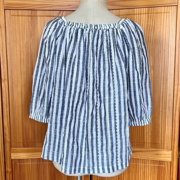 NWT Cafe Marrakesh Blue White Stripe Eyelet Elbow Length Square Neck Shirt Boho - Picture 4 of 9